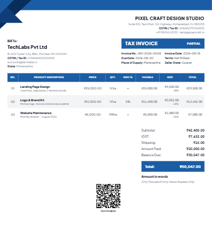 Corporate blue invoice template with Original for Recipient marking on A4