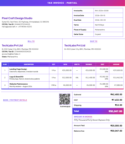 Freelancer invoice sample with all required fields on a clean A4 template