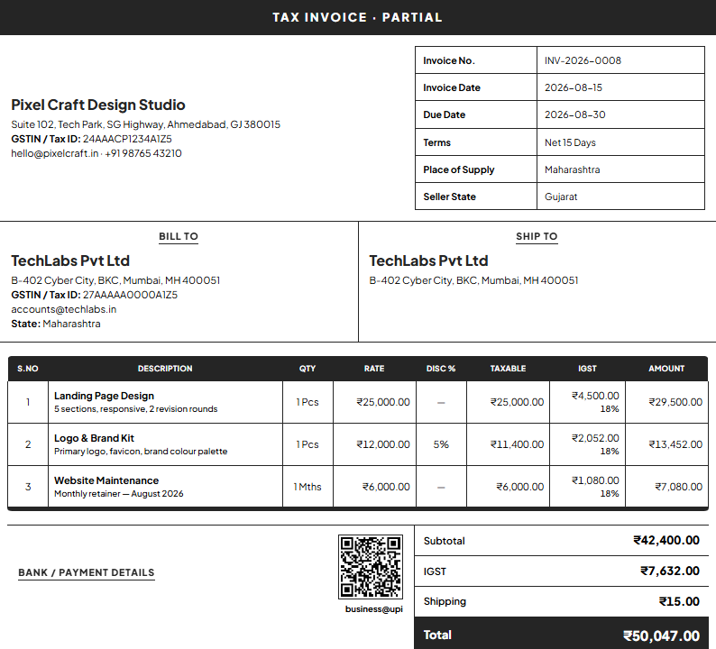 GST invoice format preview with CGST and SGST breakup on A4