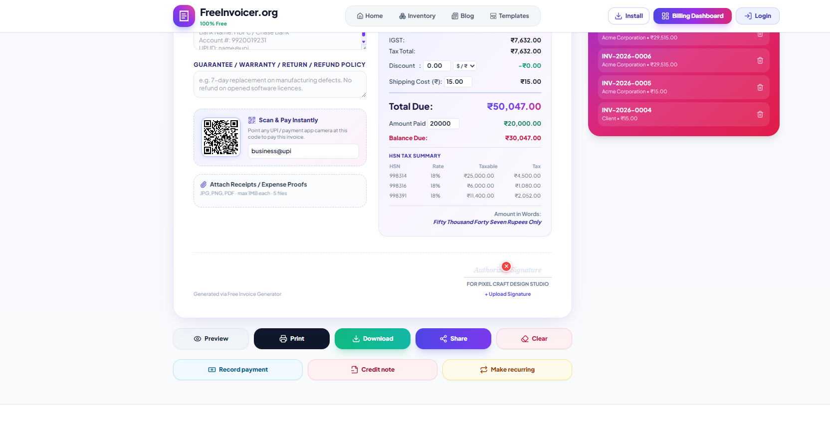 Adding logo and signature branding to a freelancer invoice