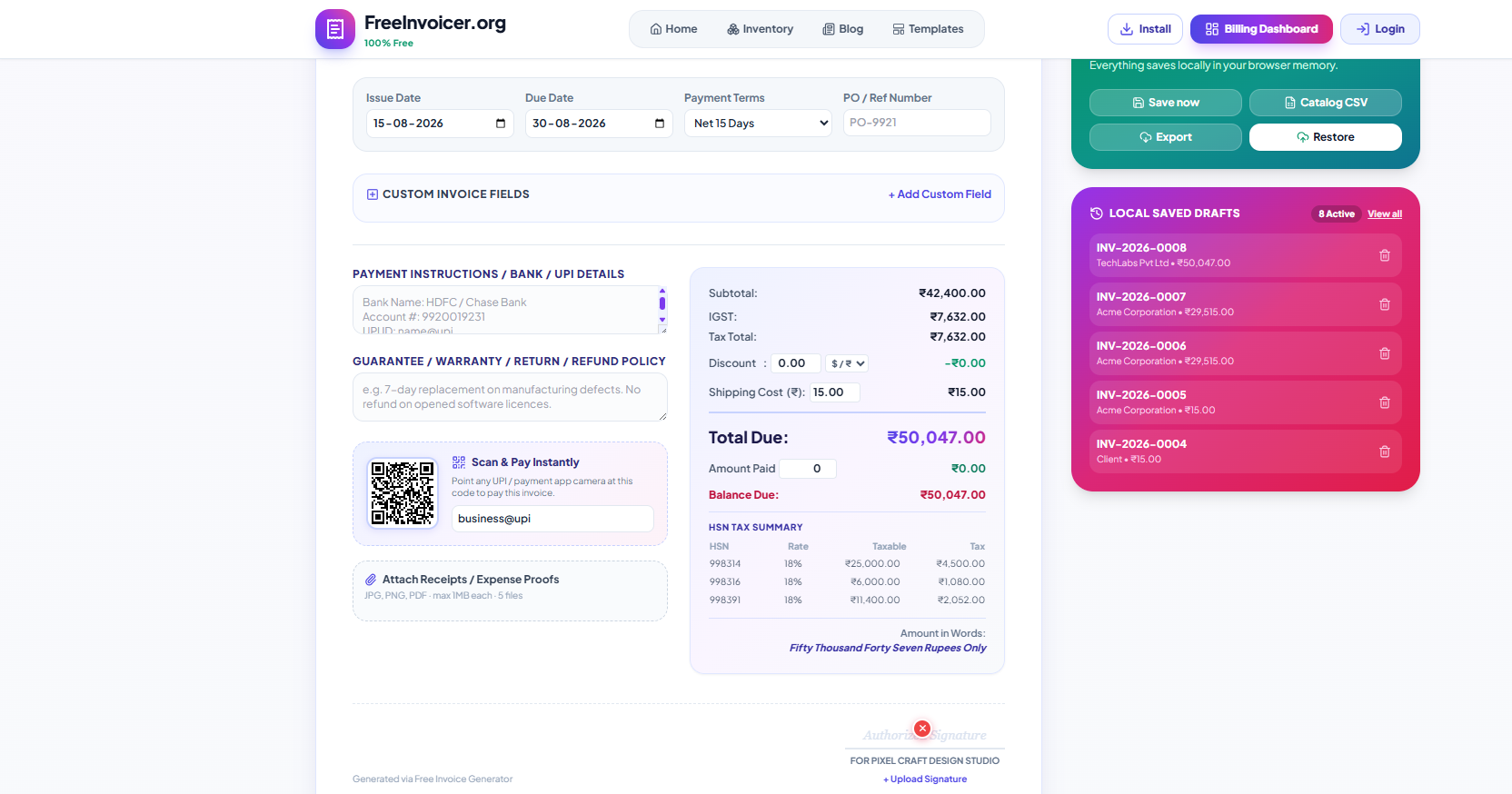 Invoice payment terms and due date fields in the invoice editor