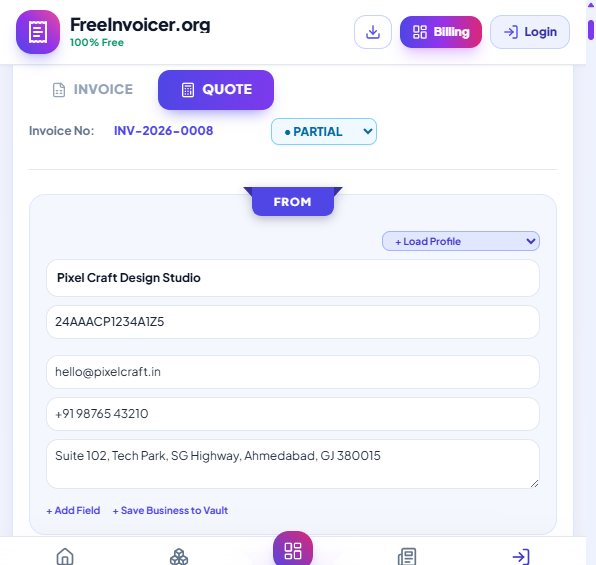 Invoice vs quote document type switch in the free invoice editor