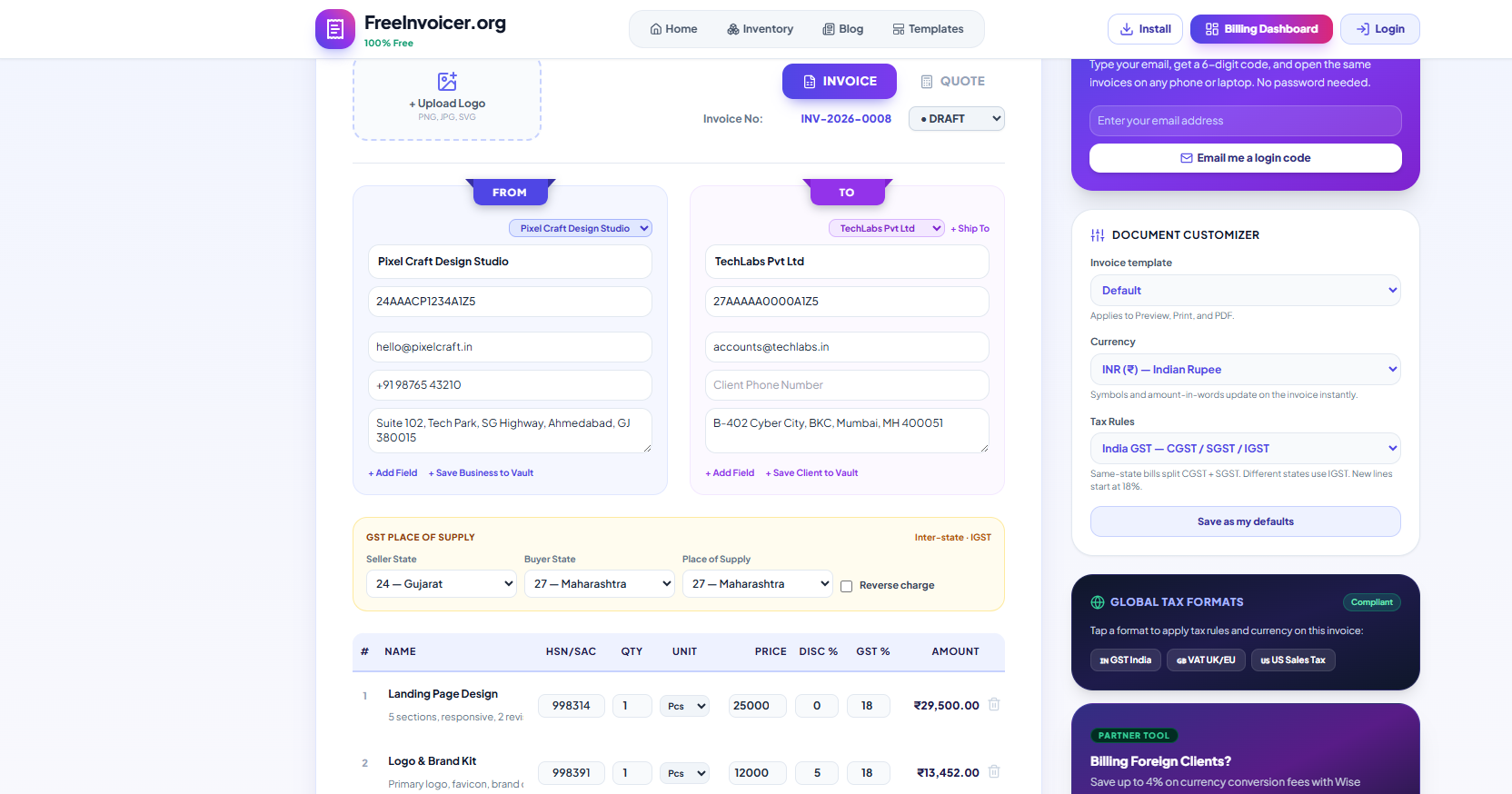Offline invoice generator working as an installable PWA without internet