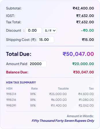 Invoice showing partial payment received and balance due amount