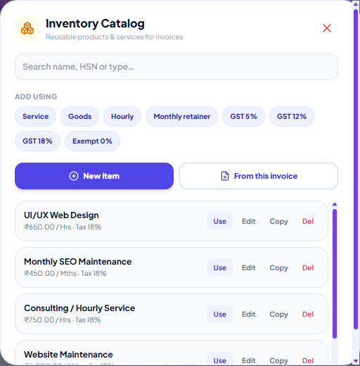 Product inventory catalog for invoices with rate, HSN and tax saved per item